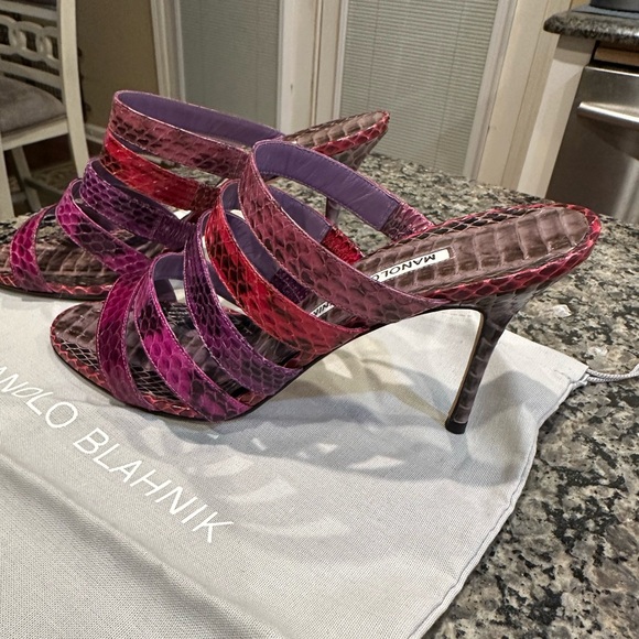 Manolo Blahnik Multi-Strap Snakeskin Mules - Pink & Purple Ombré (36.5) - Picture 4 of 8